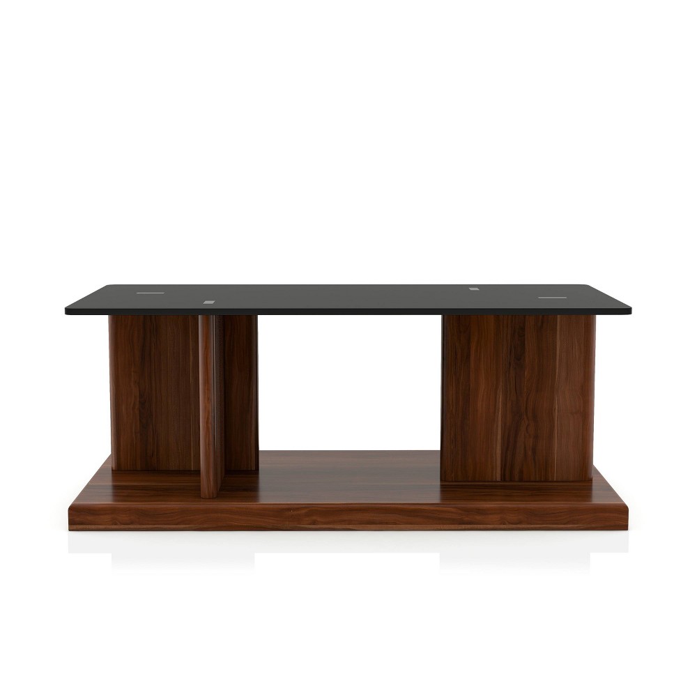 miBasics Montreaux Tempered Glass Top Coffee Table Dark Walnut: Contemporary Style, Veneer Finish, Storage Base