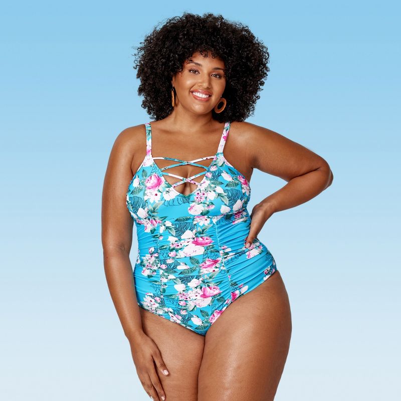 Women's Plus Size Floral Strappy V Neck One Piece Swimsuit - Cupshe-Blue, 1 of 5