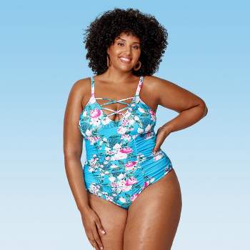 Women's Plus Size Floral Strappy V Neck One Piece Swimsuit - Cupshe-Blue