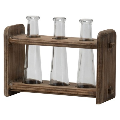 3 Glass Bud Vases in Natural Wood Stand - Foreside Home & Garden