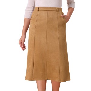 INSPIRE CHIC Women's Faux Suede Elastic High Waist A-line With Pockets Midi Skirt - 1 of 4