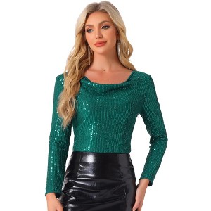 INSPIRE CHIC Women's Sequin Glitter Cowl Neck Long Sleeve Sparkle Clubwear Blouse - 1 of 4