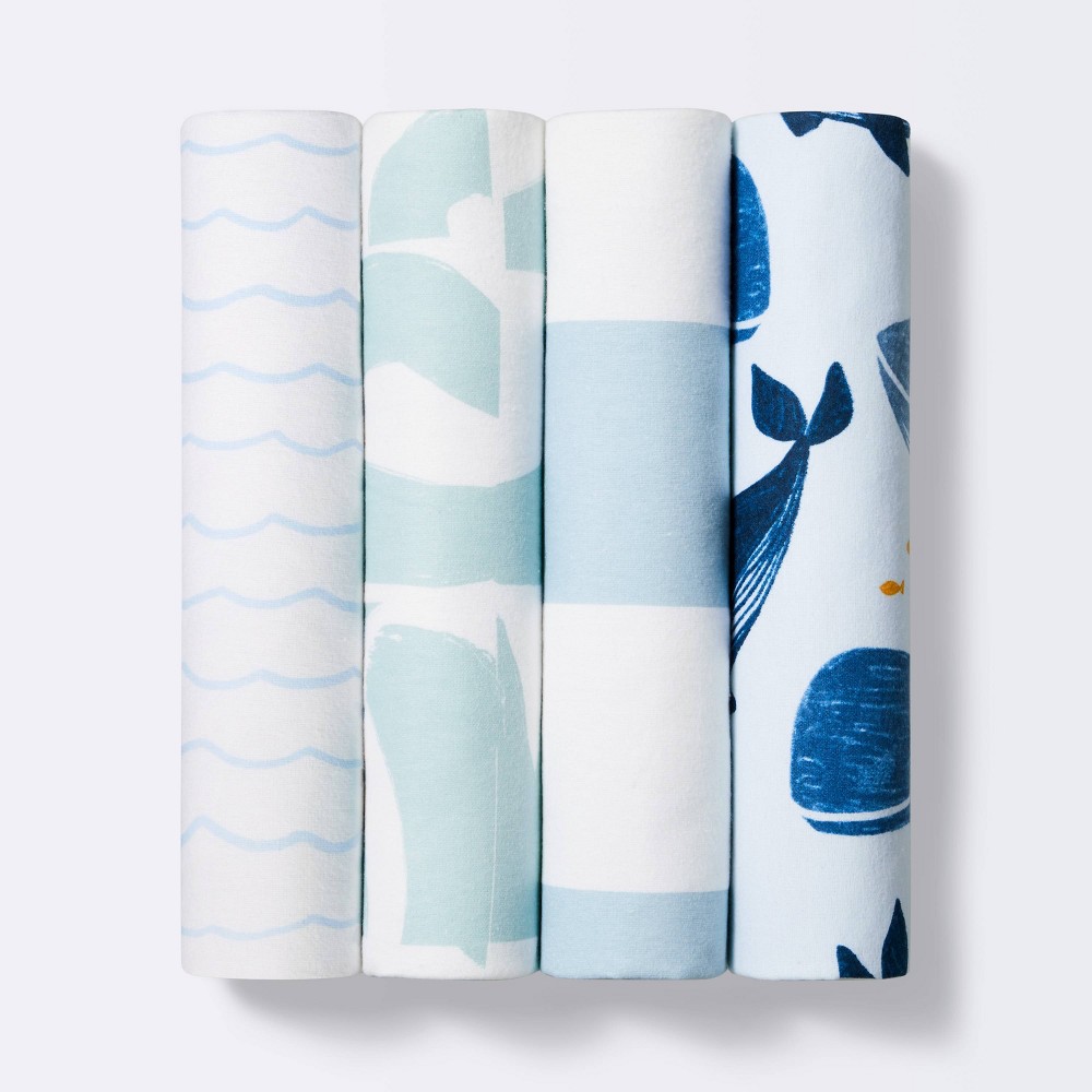 Photos - Duvet Flannel Baby Blanket Whales - White/Blue - 4pk - Cloud Island™