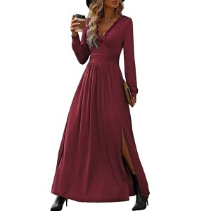 Coolmee Women's Sexy Deep V Neck Solid Color Pleated High Waist Slit Club Party Evening Long Maxi Dress - 1 of 4