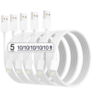 BONGEEK iPhone Charger [Apple MFi Certified] 5pack 10FT Long Lightning Cable High Speed Data Sync iPhone Charger Cord Compatible iPhone (White) - 1 of 4
