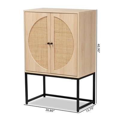 Ardon Bohemian Light Brown Wood and Black Metal Storage Cabinet with Rattan