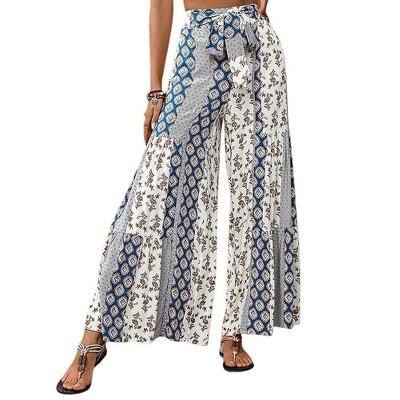 Clearlove Wide Leg Palazzo Pants for Women Tie Knot Casual High Waist Boho Print Pants Loose Comfort Pants