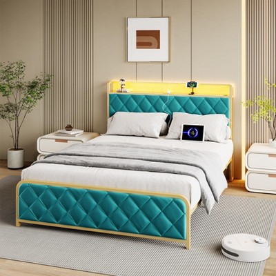 King Size Bed Frame with Lighted Headboard & Charging Station – Upholstered Velvet Platform Bed with Storage, Metal Slat Support, Noise-Free Design
