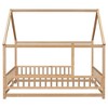 YOOCOZZ Full Size Floor Wooden Bed with House Roof Frame, Fence Guardrails-Nartural - 2 of 4