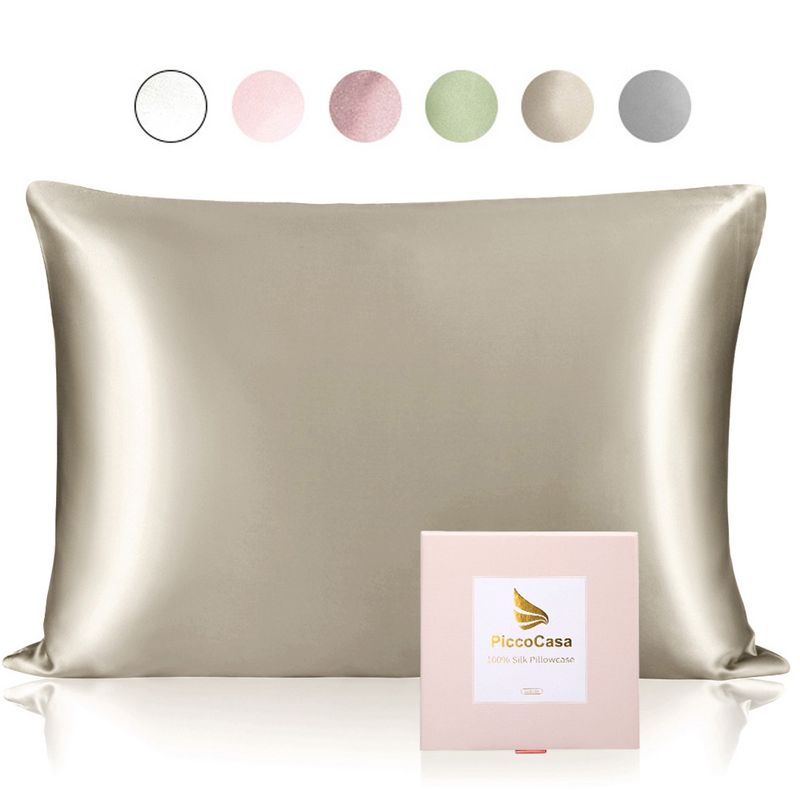 Queen/20"x30" Silk 25 Momme Breathable Pillow Cases Taupe - PiccoCasa, 1 of 4
