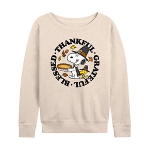 Women's - Peanuts - Thankful Grateful Blessed Lightweight French Terry Wide Neck Long Sleeve Shirt - 1 of 4
