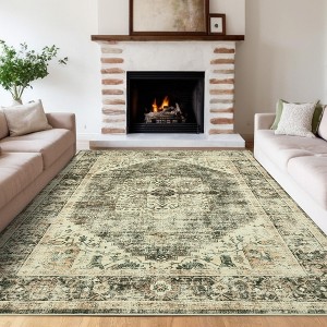 Washable Living Room Area Rug Large Vintage Printed Accent Carpet Non Shedding Oriental Distressed Floor Cover Foldable Indoor Mat - 1 of 4