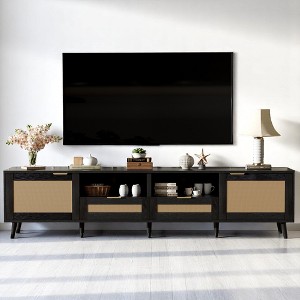 Rattan TV Stand for TVs up to 85'', Farmhouse Media Console, Entertainment Center with Solid Wood Legs, 2 Cabinets & Open Shelves,Storage Cabinet - 1 of 4