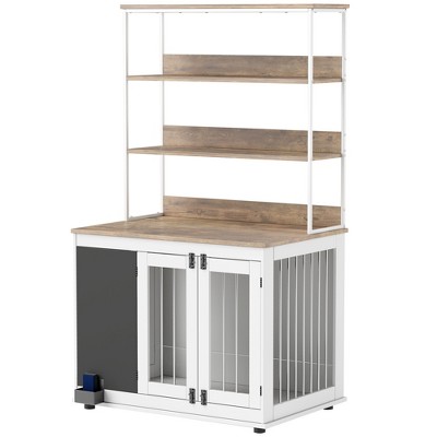 Large White Particleboard and Steel Dog Crate Table with Shelves