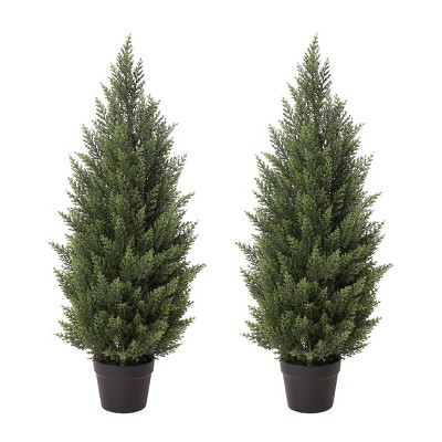 Dr.Planzen Artificial Cypress Topiary Trees Set of 2 - UV Resistant Outdoor Faux Plants for Front Porch - Potted Fake Evergreen Christmas Decor