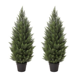 Dr.Planzen Artificial Cypress Topiary Trees Set of 2 - UV Resistant Outdoor Faux Plants for Front Porch - Potted Fake Evergreen Christmas Decor - 1 of 4