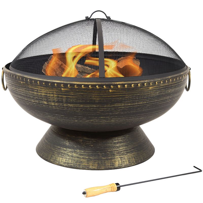Sunnydaze Outdoor Camping or Backyard Large Fire Pit Bowl with Spark Screen, Log Poker, and Metal Wood Grate - 30" - Bronze, 1 of 15