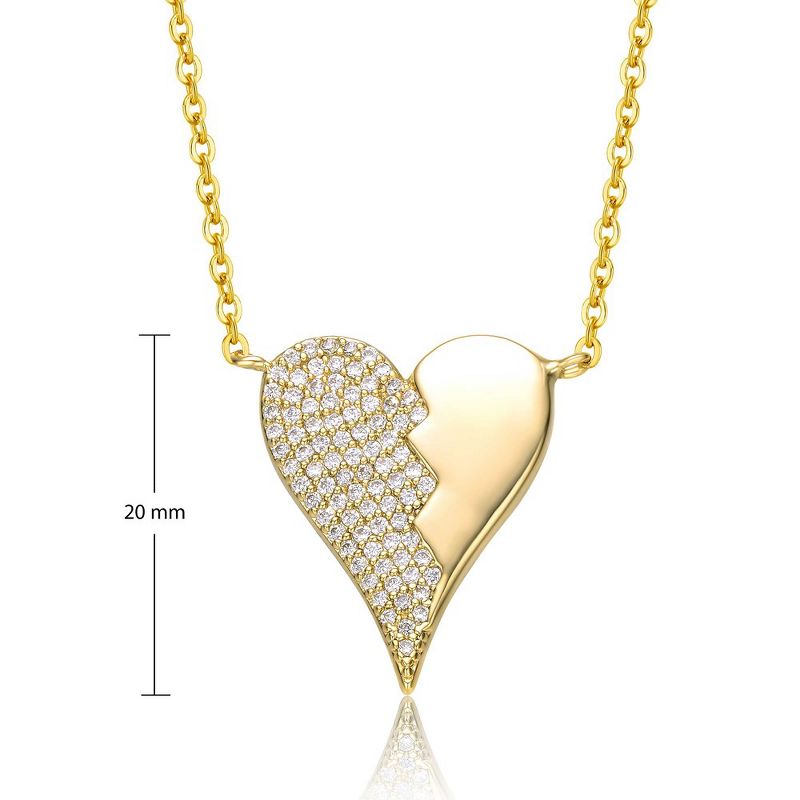 14k Yellow Gold Plated with Cubic Zirconia Broken Cracked Zig-Zag Half & Half Stolen Heart Pendant Necklace, 3 of 4