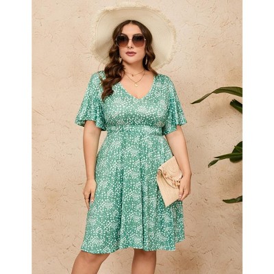 WhizMax Women's 2024 Plus Size Dress Summer Boho Floral V Neck Ruffle Short Sleeve Dress Elastic High Waist A Line Summer Dress