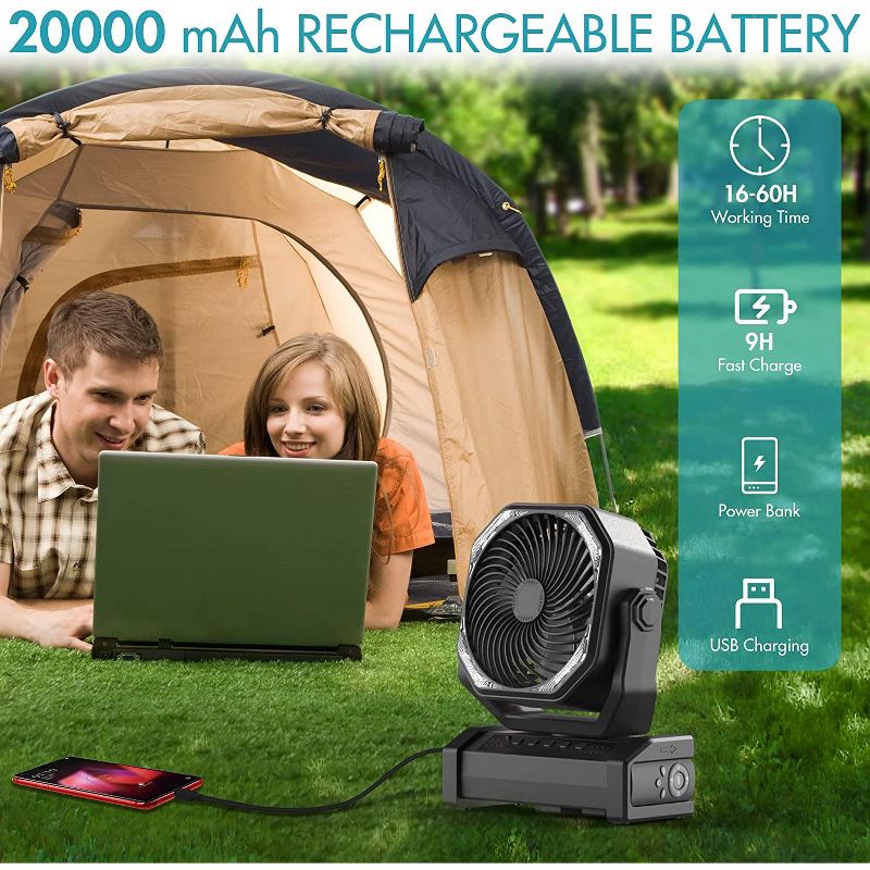 Panergy 20000mAh Camping Fan with LED Light, Auto-Oscillating Desk Fan with Remote & Hook, Rechargeable Battery Operated Tent Fan - Black, 2 of 9