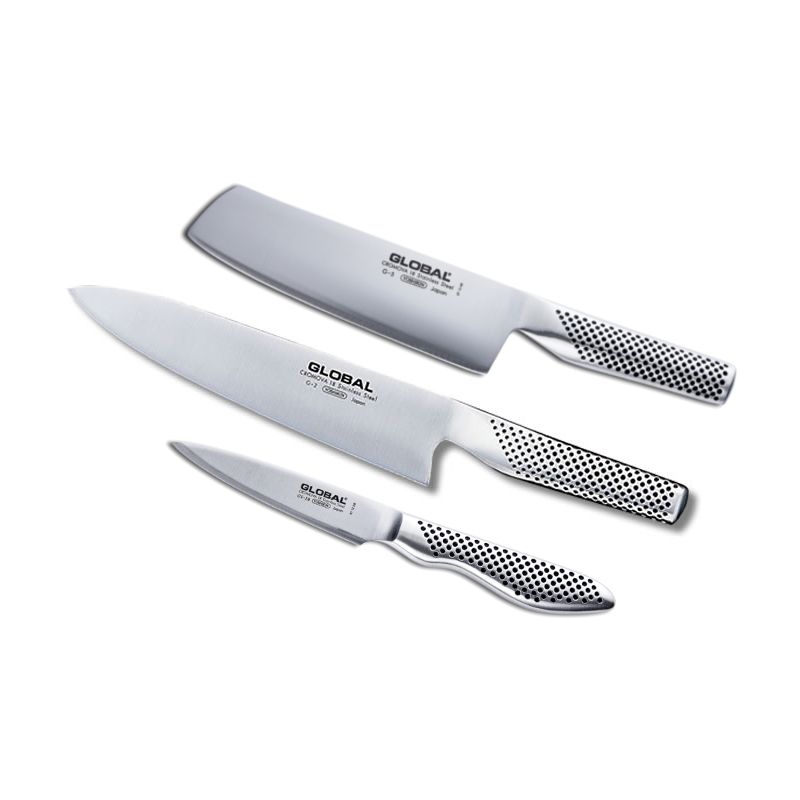 Global Classic Stainless Steel 3 Piece Knife Set with Chef's Knife, Vegetable Knife and 3.5 Inch Paring Knife, 1 of 2