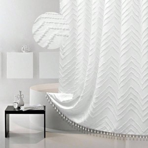 Curtain White Tassel Woven Fabric 54x78 Modern Farmhouse Textured Chevron Minimalist for Bathroom - 1 of 4