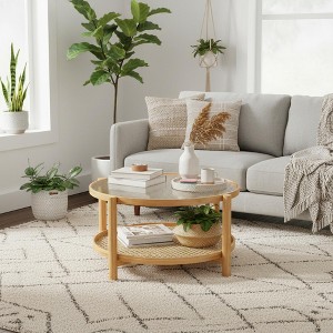 Homy Casa Round Rattan Coffee Table with Glass Top and Bamboo Frame, 2-Tier Storage Design, Natural Finish - 1 of 4