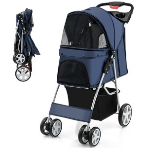 Tangkula 4 Wheels Pet Stroller Folding Cat Dog Stroller W/Storage Basket & Tray Adjustable Canopy All-Terrain EVA Wheels Foldable Cart - 1 of 4