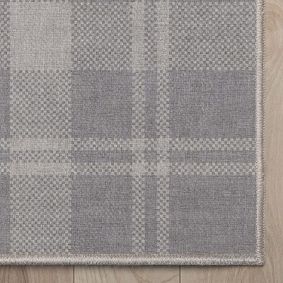 Light Grey Plaid Washable Synthetic Rectangular Area Rug 3'3" x 5'