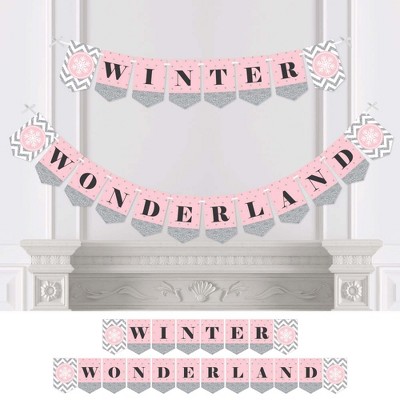 Big Dot of Happiness Pink Winter Wonderland - Holiday Snowflake Party or Baby Shower Bunting Banner - Party Decorations - Winter Wonderland