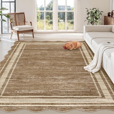 5x7 Scalloped Solid Washable Rug, Low-Pile Non-Slip Soft Indoor Carpet for Bedroom, Living Room, Dining, Home Office, Camel