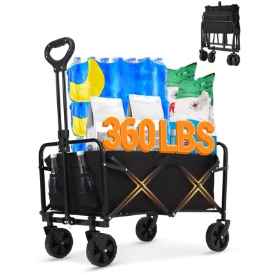 Wagon Cart Heavy-Duty 360LBS Foldable，All-Terrain Collapsible Utility Cart with 360° Wheels & Drink Holders for Beach, Camping, Gardening, Grocery