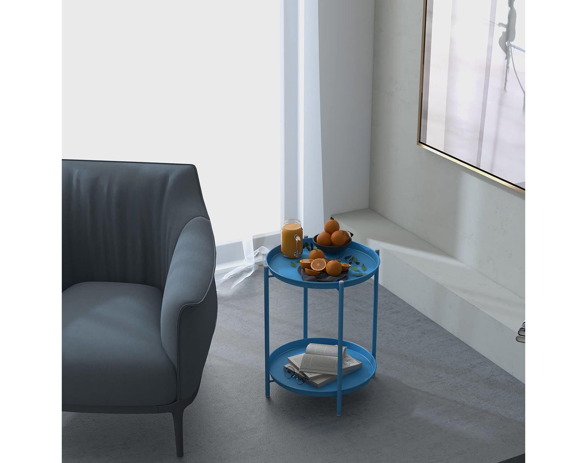 YARDGRACE Grand Patio Outdoor Side Table 2-Tier End Table Round Accent Table Peacock Blue