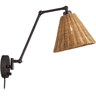 Bronze Mid Century Modern Swing Arm Wall Lamp with Natural Rattan Shade