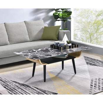 HOMLUX Landon Coffee Table with Glass Marble Texture Top and Bent Wood Design