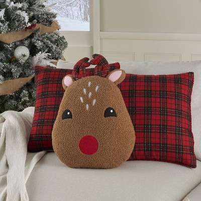 Holiday Plaid Red and Brown Faux Shearling Reindeer Pillow Set