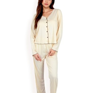 Anna-Kaci Lounge Women's Satin 2-Piece Pajama Set with Button-Up Long Sleeve Top and Relaxed Fit Pants - 1 of 4