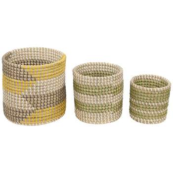 Northlight Set of 3 Striped Olive and Beige Woven Seagrass Baskets 9.75"