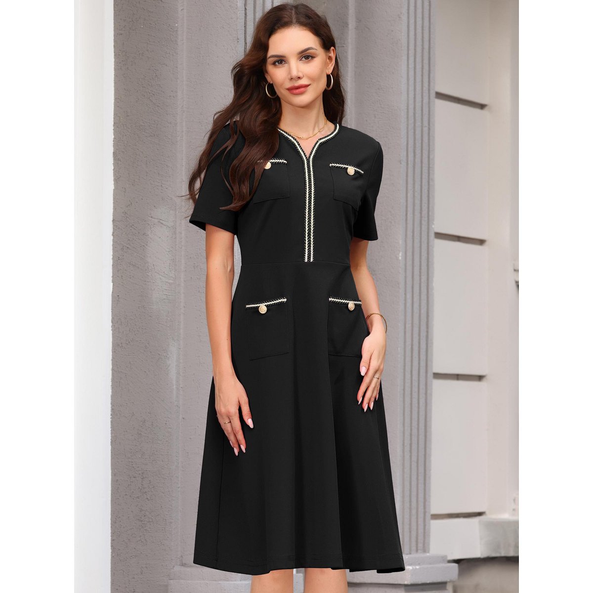Женские платья INSPIRE CHIC Women's Tweed Trim Pockets V Neck Short Sleeve A-Line Midi Dresses Black Small — фото 4