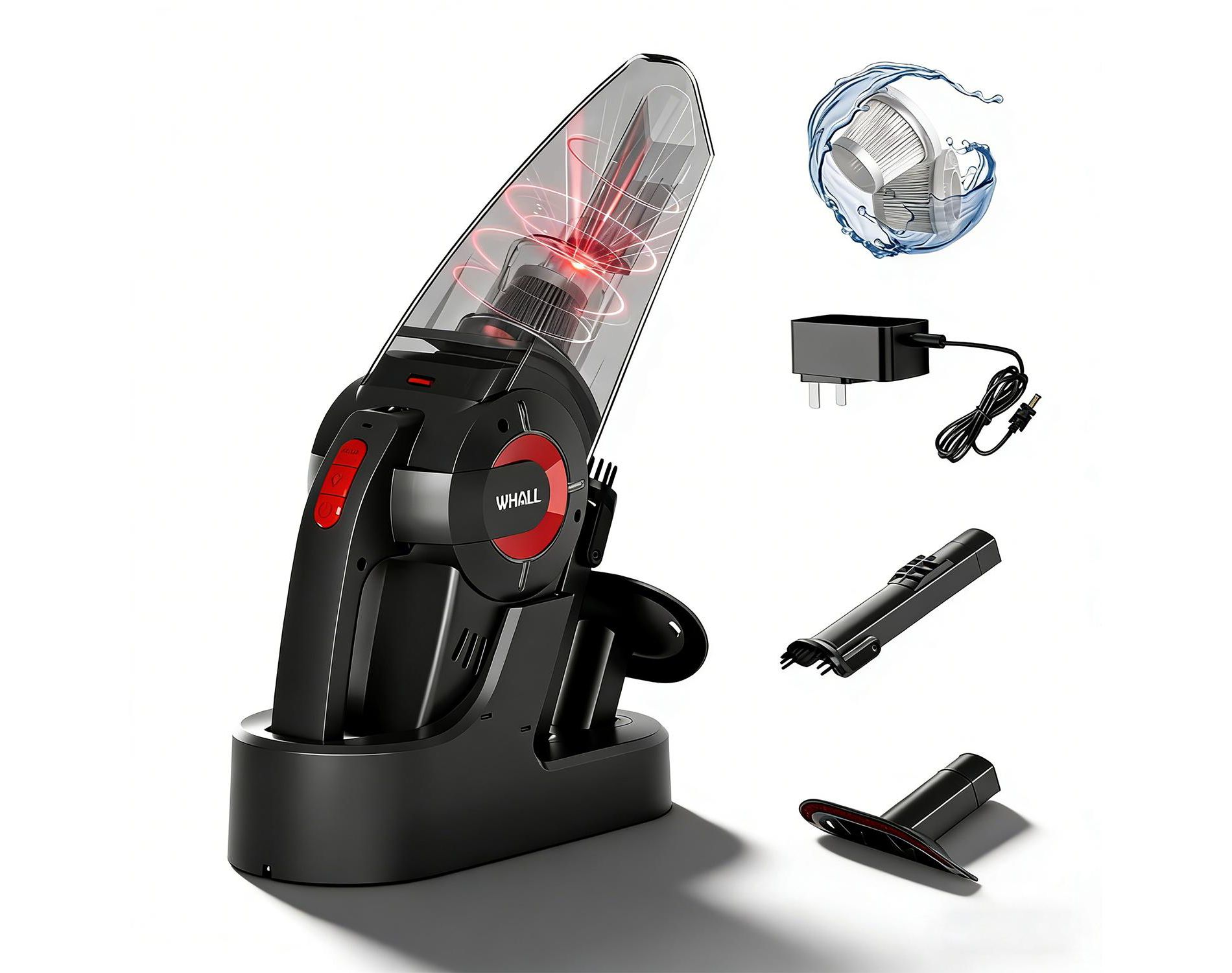 WHALL Handheld Cordless Car Vacuums, Wet and Dry Use 9KPa Strong Suction Vacuums, Rechargeable Portable Vacuum Cleaner with LED, Charging Dock, Red