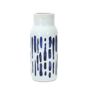 HomeRoots Set of Two Blue and White Abstract Cylinder Ceramic Table Vase - 1 of 4