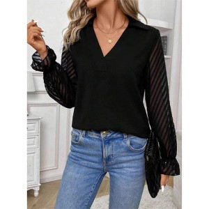 Women Notch Collar V Neck Lace Panel Long Sleeve Ruffle Blouse - 1 of 4