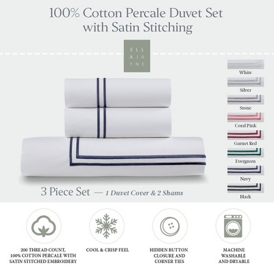 Full/Queen White Cotton Duvet Set with Navy Satin Stitching