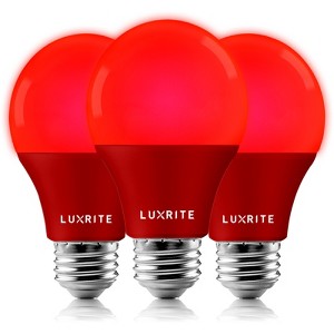 Luxrite A19 LED Red Bulbs, 60W Equivalent, Non-Dimmable, UL Listed, Indoor Outdoor, Porch, Christmas, Decoration, E26 Standard Base 3 Pack - 1 of 4