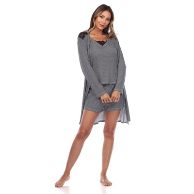 Women's 3 Piece Striped Pajama & Robe Set - White Mark