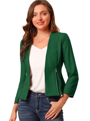 Allegra K Women's Work Office Zipper Decor Collarless Cropped Blazer