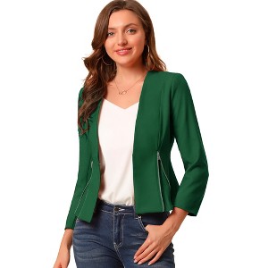 Allegra K Women's Work Office Zipper Decor Collarless Cropped Blazer - 1 of 4