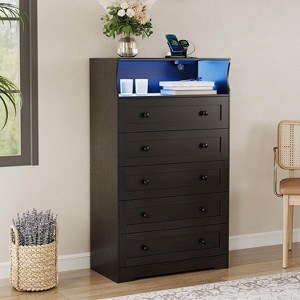Modern 5-Drawer Wood Dresser w/ Charging & Lights - Tall Vertical Storage for Bedroom, Nursery, Living Room - 1 of 4