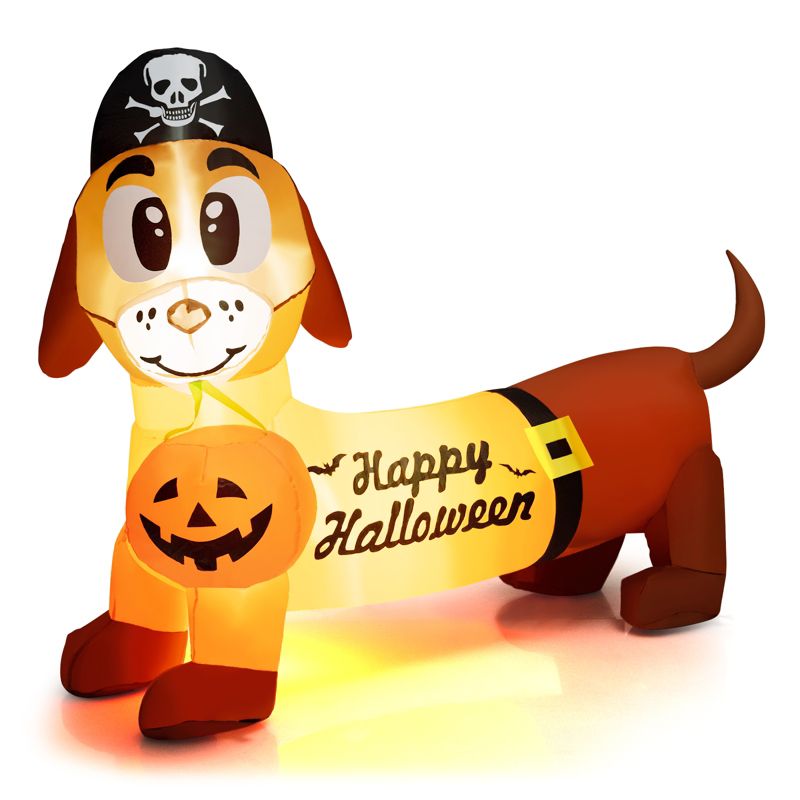Tangkula 5.5 FT Long Halloween Inflatable Decoration Blow Up Dachshund Wiener Dog w/ Pirate Hat & Pumpkin Built-in LED Lights, 1 of 10