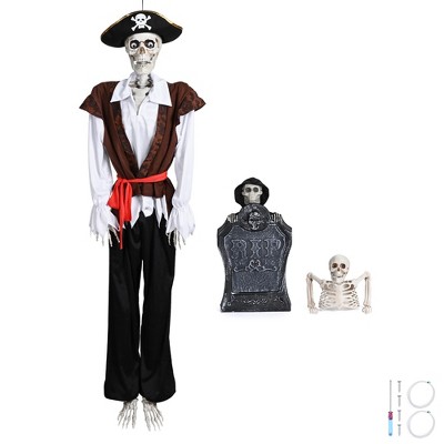 Yescom 5.4 Feet Pirate Captain Skeleton with 15-INCH Animated Tombstone & Half Skeleton Decoration Black